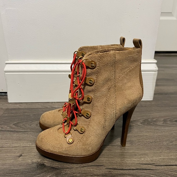 Tory Burch Camel Suede/Leather Halima Heeled Booties with Red Laces. Size 6.5 - Picture 1 of 9